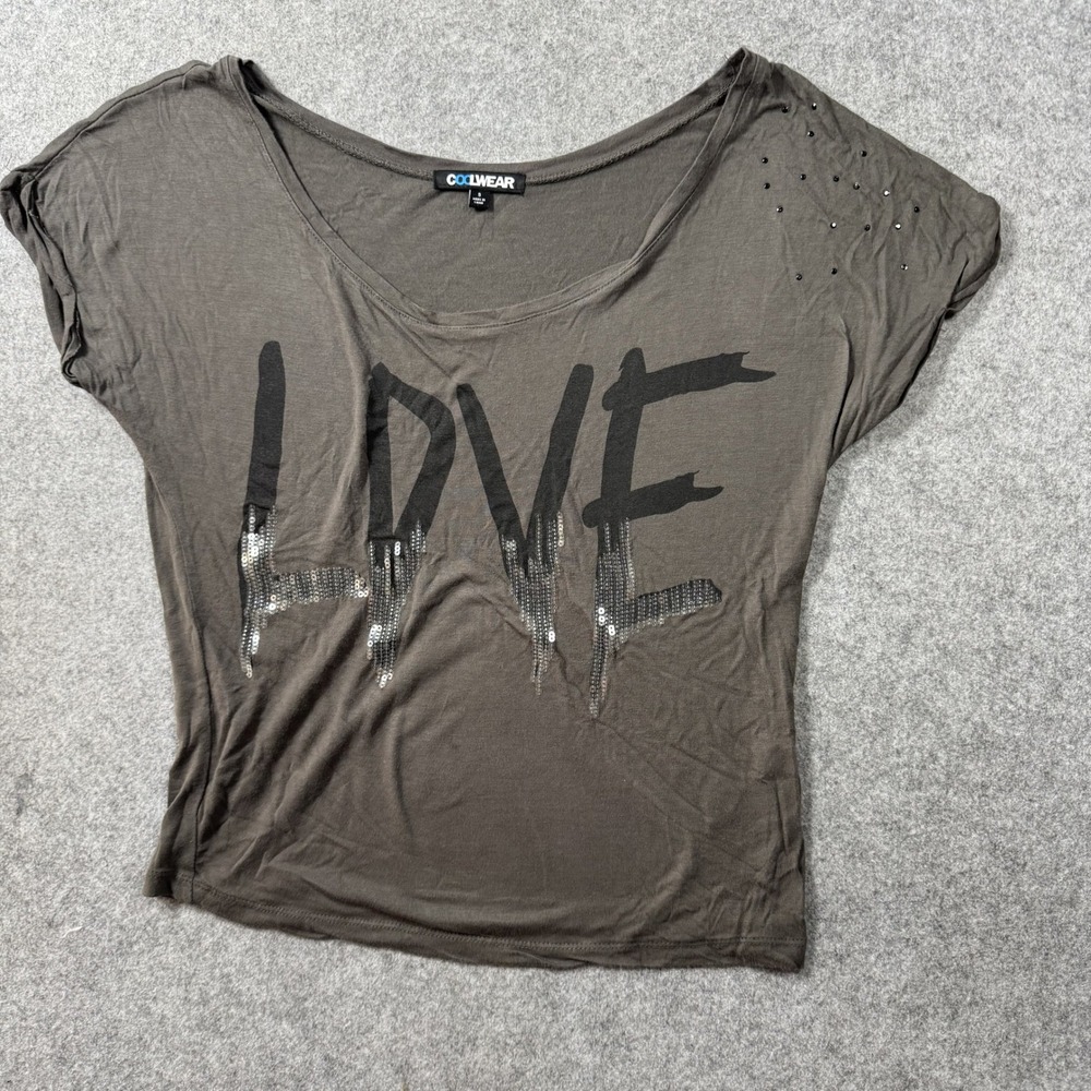 Coolwear Womens Love Graphic Tee Small Grey Sequin Studded Rayon Top
